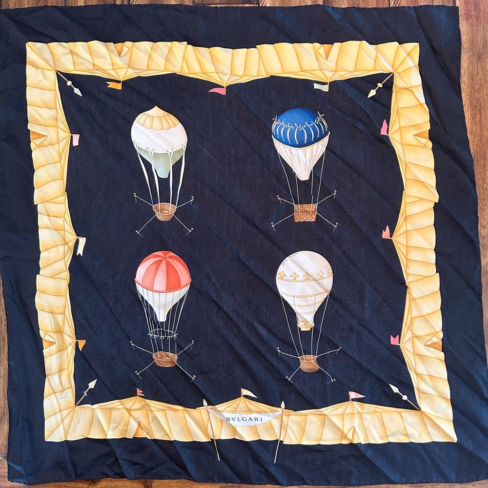 Bulgari Navy Silk Scarf with Yellow Border and Multicolor Hot Air Balloons